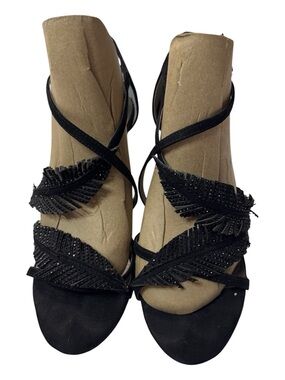 Y2K Carlos by Carlos Santana Black Feather-Accent Strappy Heels